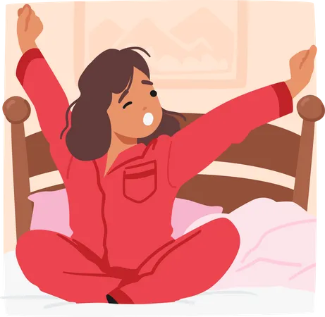 Little Girl Wakes Up Stretches Arms And Body Sitting On Bed Child Character Awakening With A Yawn Eyes Flutter Open Greeted By The Soft Glow Of Morning Sunlight Cartoon People Vector Illustration Illustration