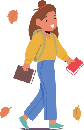 Little girl Walks With Books In Hands  Illustration