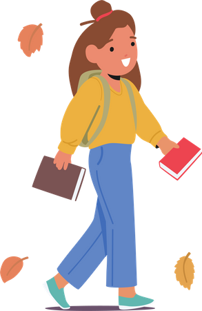 Little girl Walks With Books In Hands  Illustration