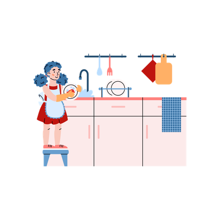 Little girl washing dish  Illustration