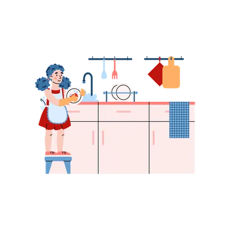 Little girl washing dish  Illustration