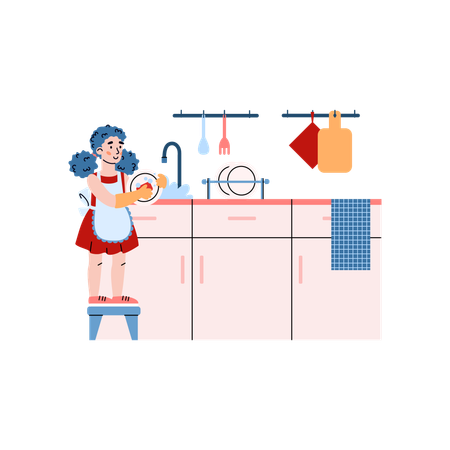 Little girl washing dish  Illustration