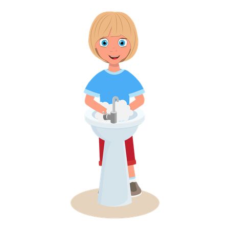 Little girl washing hand on wash basin  Illustration