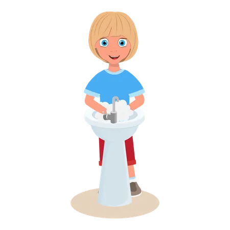 Little girl washing hand on wash basin  Illustration