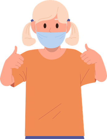 Little girl wearing medical facial mask respirator gesturing thumbs up  Illustration