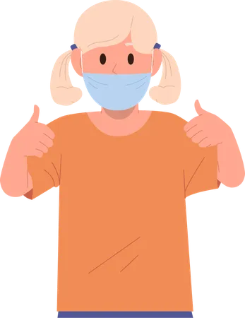 Little girl wearing medical facial mask respirator gesturing thumbs up  Illustration