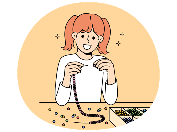 Little girl weaves beaded jewelry sitting at table and creating handmade necklace  Illustration