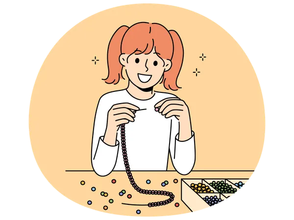 Little girl weaves beaded jewelry sitting at table and creating handmade necklace  Illustration