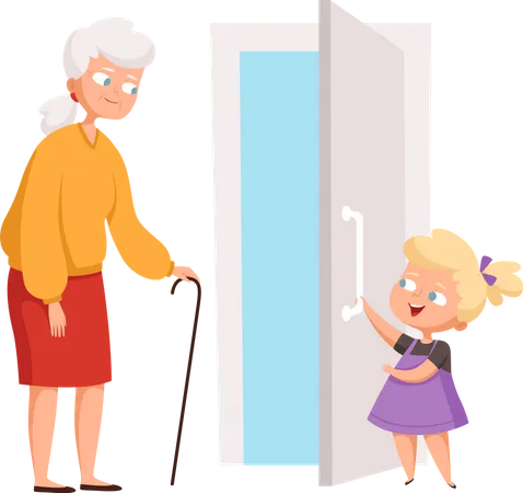 Little girl welcoming old woman Illustration