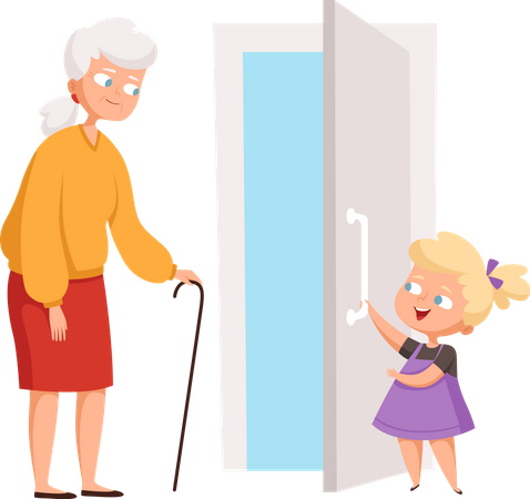 Little girl welcoming old woman  Illustration