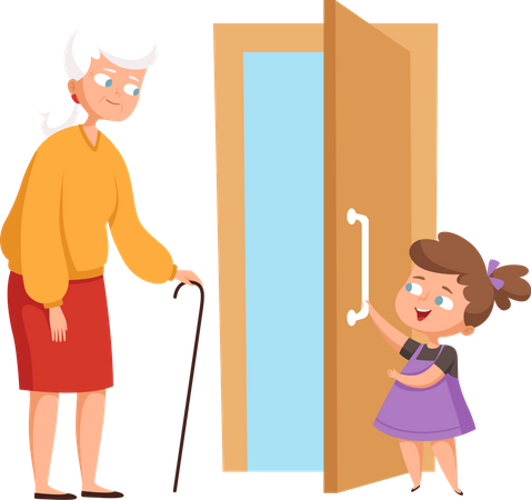 Little girl welcoming old woman  Illustration