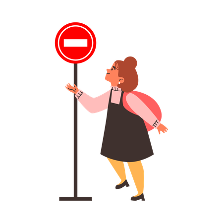 Little girl with backpack looking at road sign indicating  Illustration