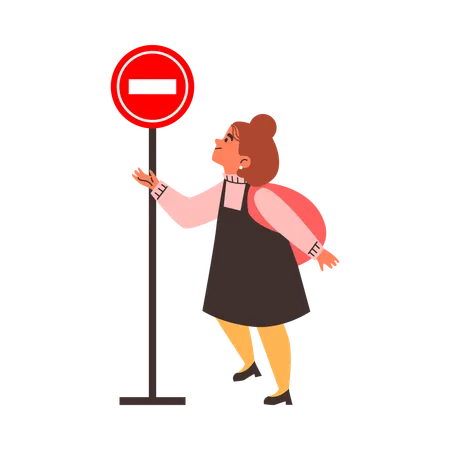 Little girl with backpack looking at road sign indicating  Illustration