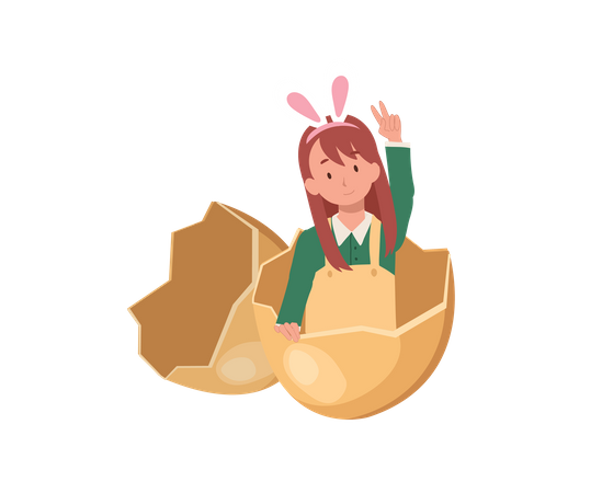 Little girl with bunny ears in the egg shell  イラスト