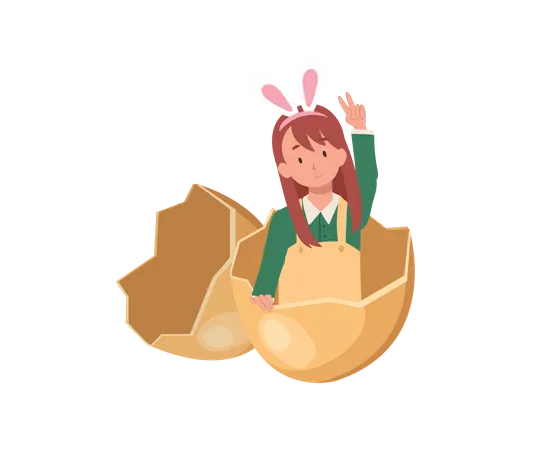 Little girl with bunny ears in the egg shell  Illustration