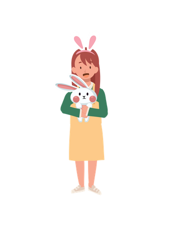 Little girl with bunny ears is holding hugging an adorable bunny  Illustration