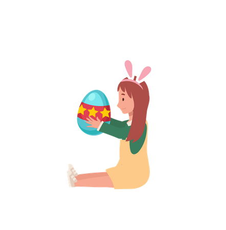 Little girl with bunny ears is sitting and holding a big easter egg  Illustration