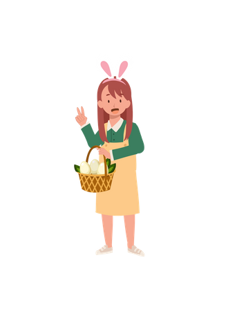 Little girl with bunny ears showing fully basket from hunting an easter egg  Illustration