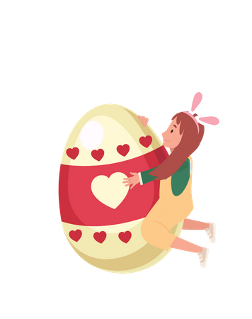 Little girl with bunny with a huge Easter egg, hugging huge easter egg  Illustration