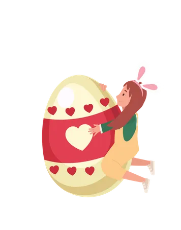 Little girl with bunny with a huge Easter egg, hugging huge easter egg  Illustration
