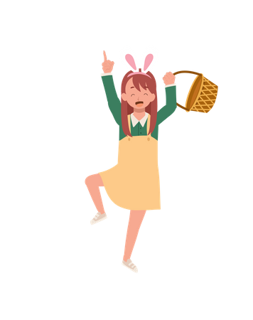 Little girl with bunny with and blank basket is ready to hunt easter egg  Illustration