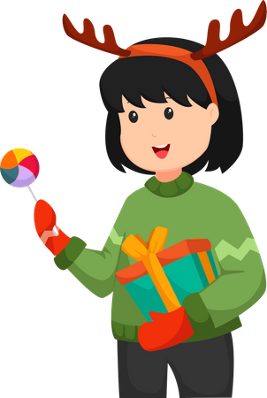 Little girl with christmas gift  Illustration