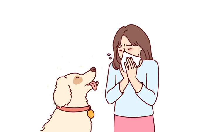 Little girl with dog suffers from allergies  Illustration