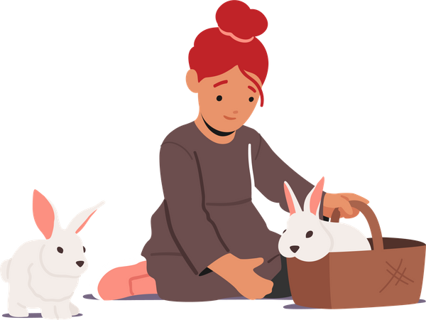 Little Girl With Fluffy Rabbits  Illustration