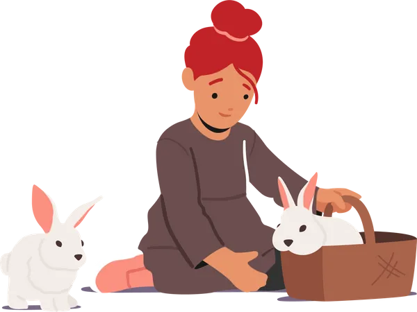 Little Girl With Fluffy Rabbits  Illustration