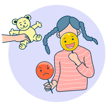 Little girl with happy and angry face mask Illustration