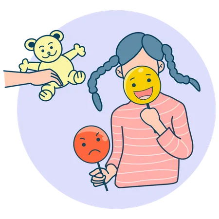 Little girl with happy and angry face mask Illustration