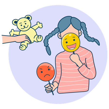 Little girl with happy and angry face mask  Illustration