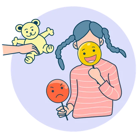 Little girl with happy and angry face mask  Illustration