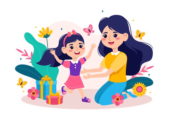 Little girl with her mother  Illustration