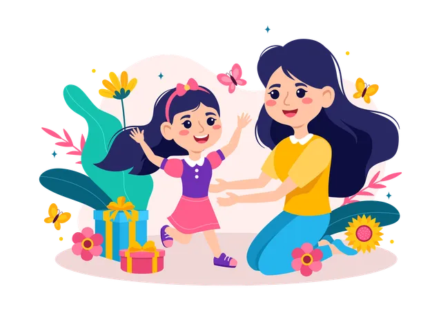 Little girl with her mother  Illustration