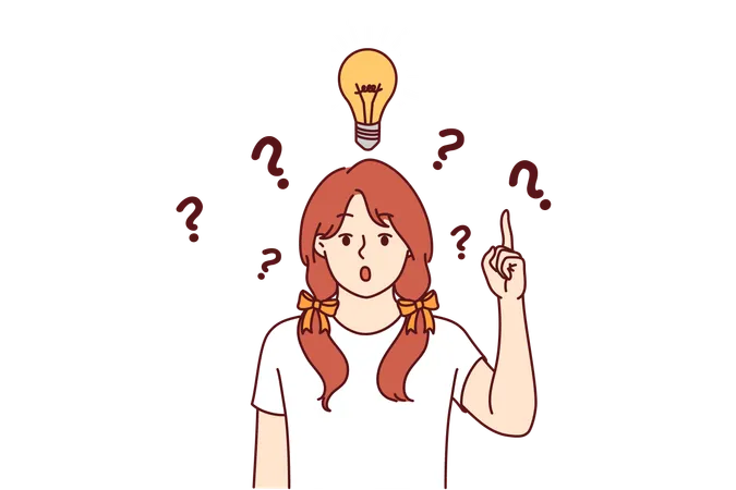Little Girl With Light Bulb Above Head Says Eureka And Points Up Indicating Presence Of Idea To Solve Problem Child Prodigy Comes Up With Brilliant Idea And Opens Mouth In Surprise Illustration