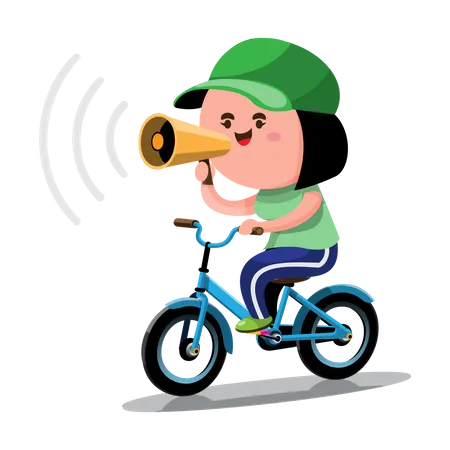 Little girl with megaphone on bicycle  Illustration