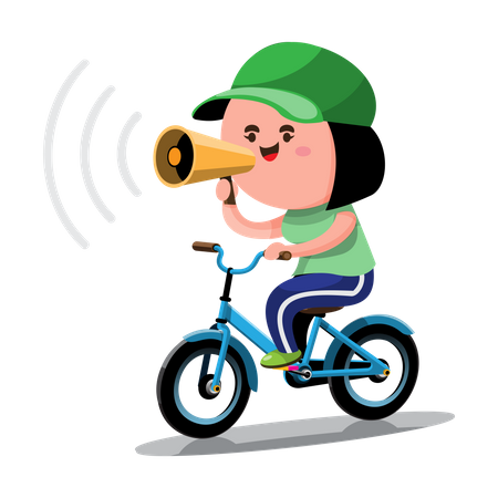 Little girl with megaphone on bicycle  Illustration