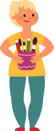 Little girl with painting brushes  イラスト
