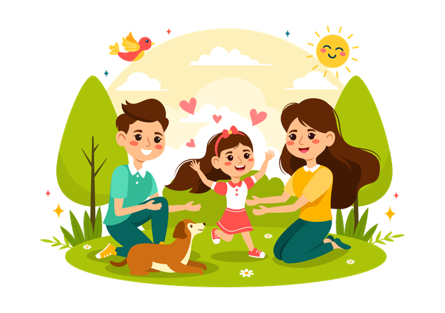 Little girl with parents and dog  Illustration