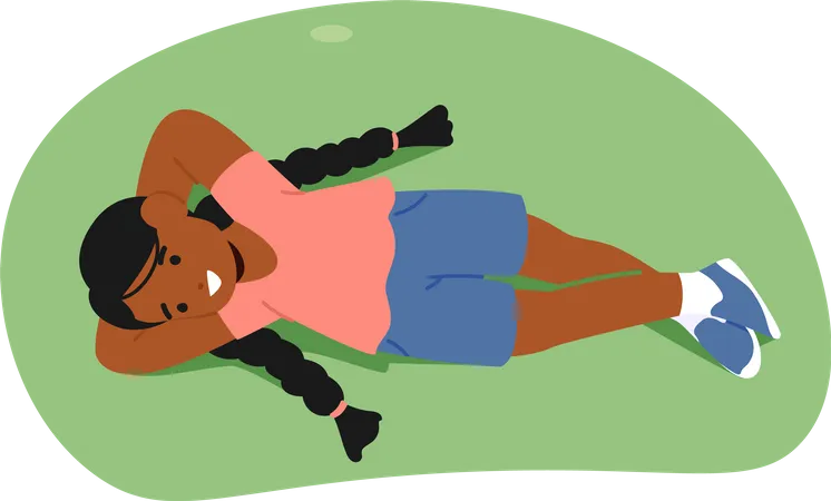 Little African American Girl With Pigtails Peacefully Lying On A Green Meadow View From Above Surrounded By The Lushness Of Summer Nature Child Character Relax Cartoon People Vector Illustration Illustration