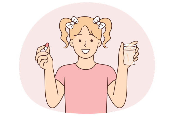 Little girl with pill and glass of water smiles and recommends taking vitamins to improve immunity  Illustration