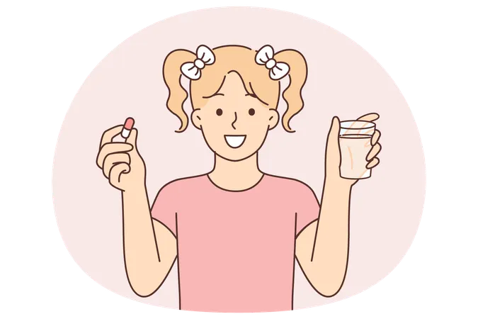 Little girl with pill and glass of water smiles and recommends taking vitamins to improve immunity  Illustration