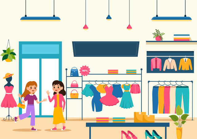 Little girls at Clothes store  Illustration