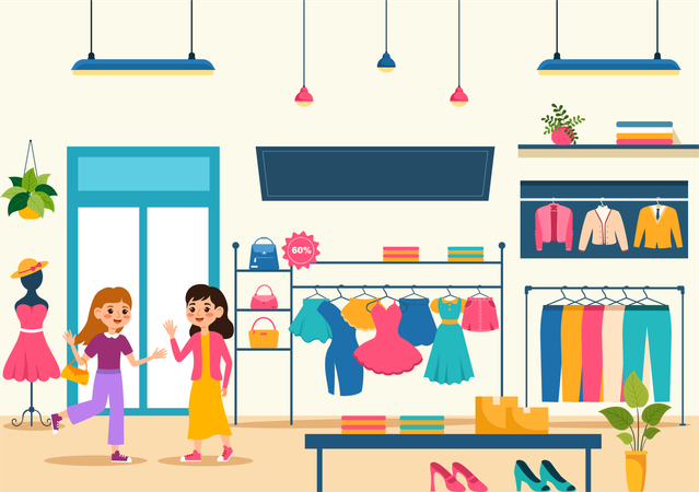 Little girls at Clothes store  イラスト