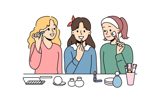 Little girls do makeup using lipstick and mascara or powder to prepare for school party  イラスト