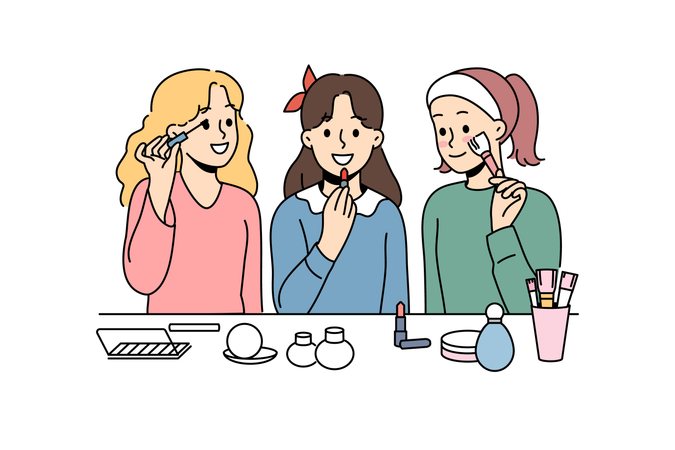 Little girls do makeup using lipstick and mascara or powder to prepare for school party  Illustration