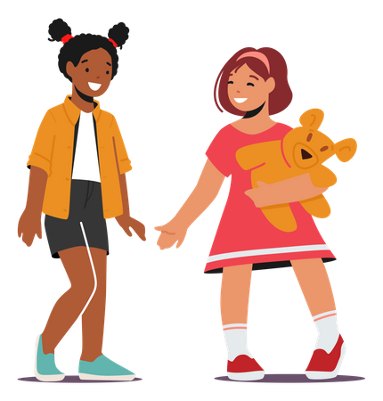 Little Girls Playing And Smiling Together Illustration