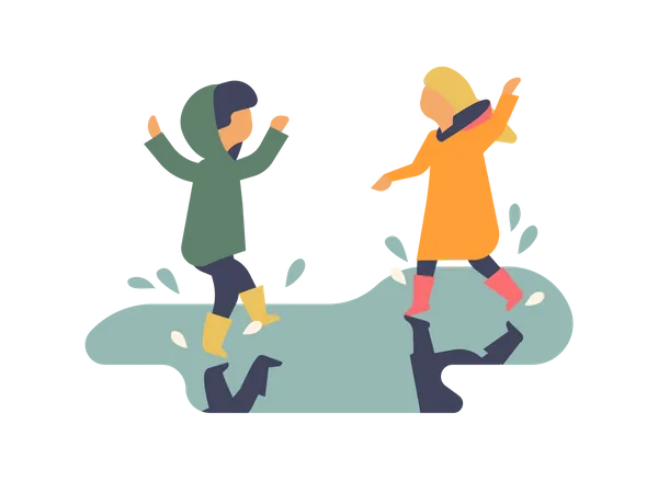 Little girls playing in pothole water Illustration
