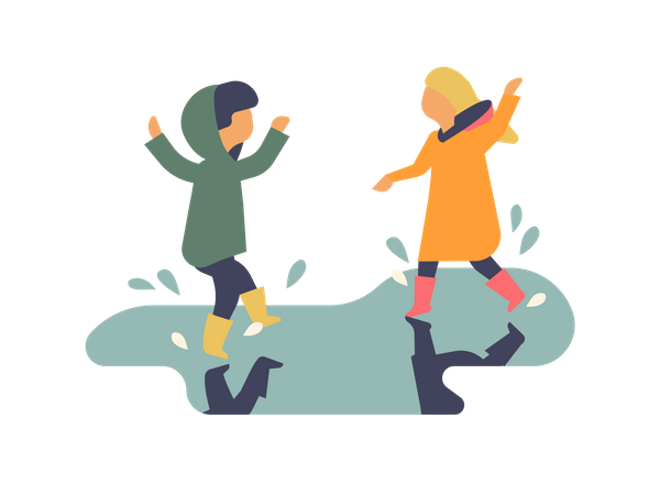 Little girls playing in pothole water  Illustration